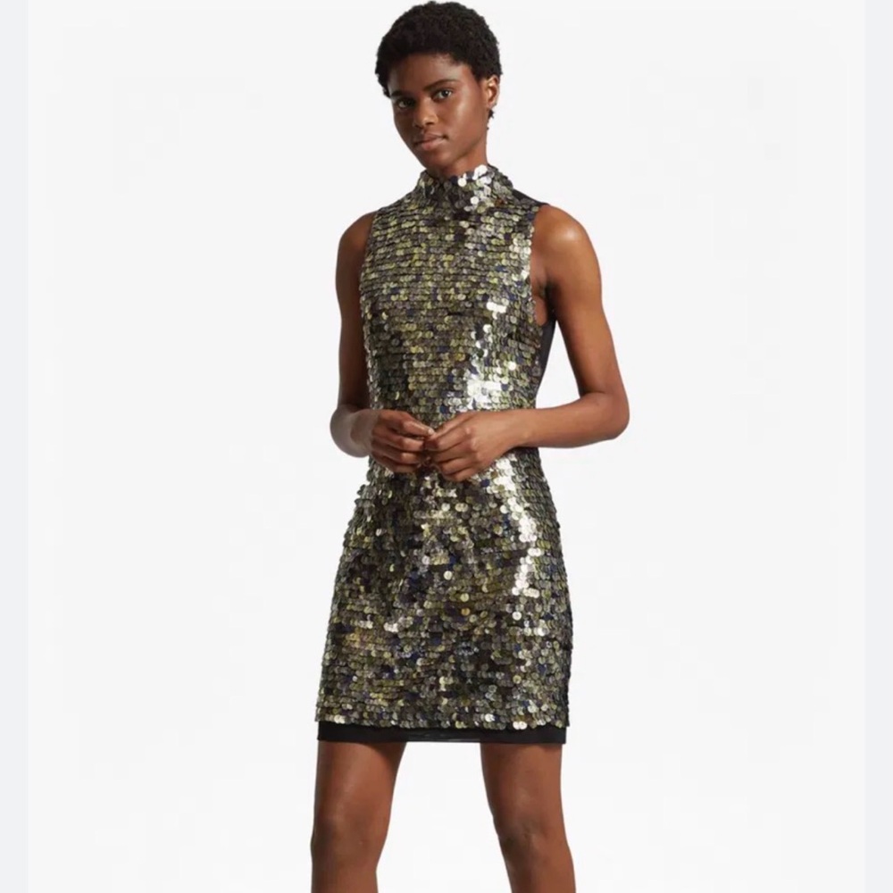 French Connection Black and Gold Rustic Sequin Mini Dress